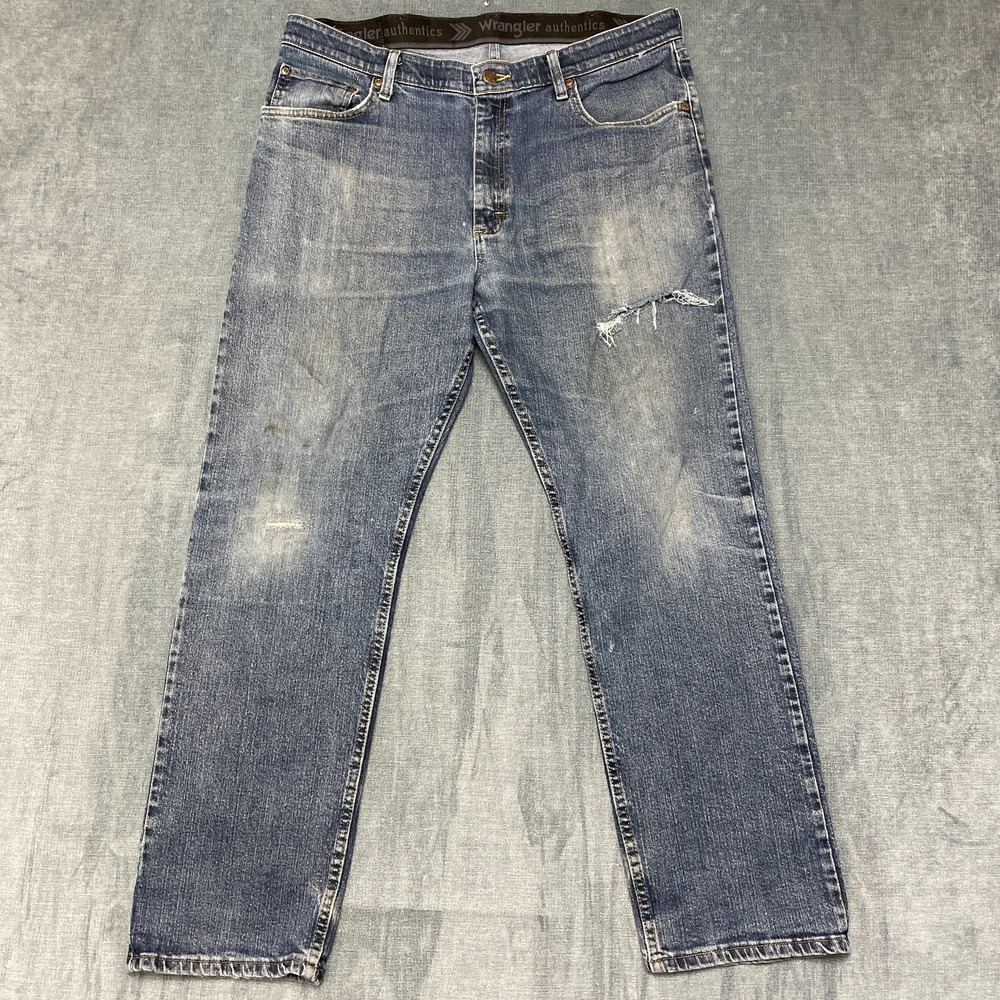 Wrangler Authentics Jeans Men 36x28 Blue Whiskered Denim Straight Leg Distressed